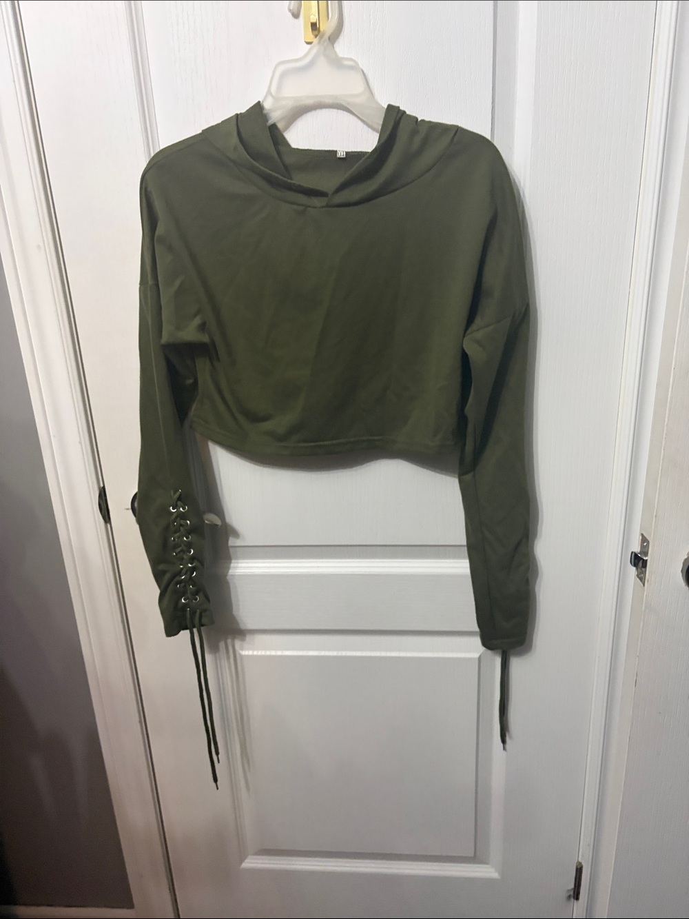 Olive Green Cropped Hoodie with Lace-Up Sleeves